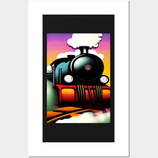 POPART COMIC STYLE GREEN AND BLUE STEAM TRAIN Posters and Art